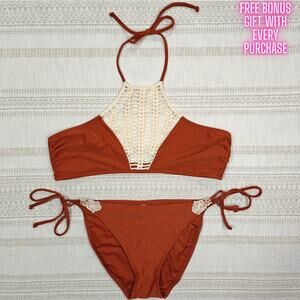 Rue Bleu Brown Crochet Halter Bikini Set Size XL NEW | Boho Swimwear Beach Ready